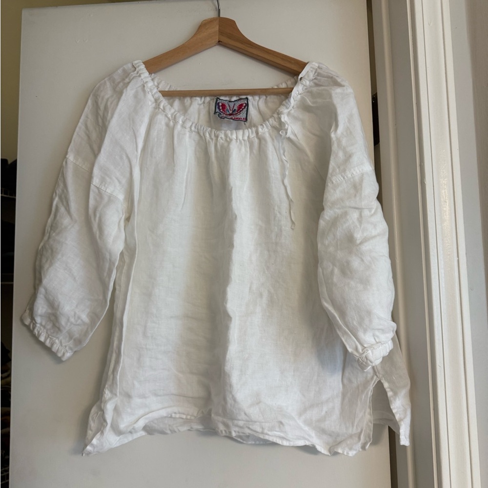 Johnny Was Linen Peasant Top Blouse in White
